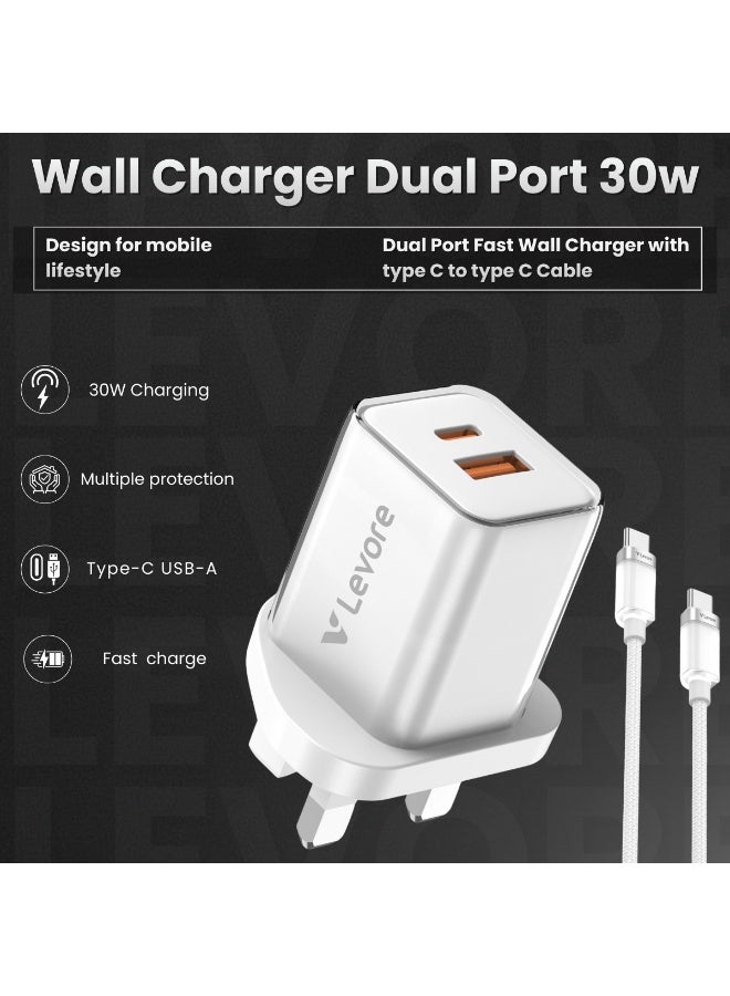 ليفور شاحن حائط ليفور GaN بقوة 30 واط مع منفذين وكابل USB-C إلى USB-C – LGW132-WH - Image 3